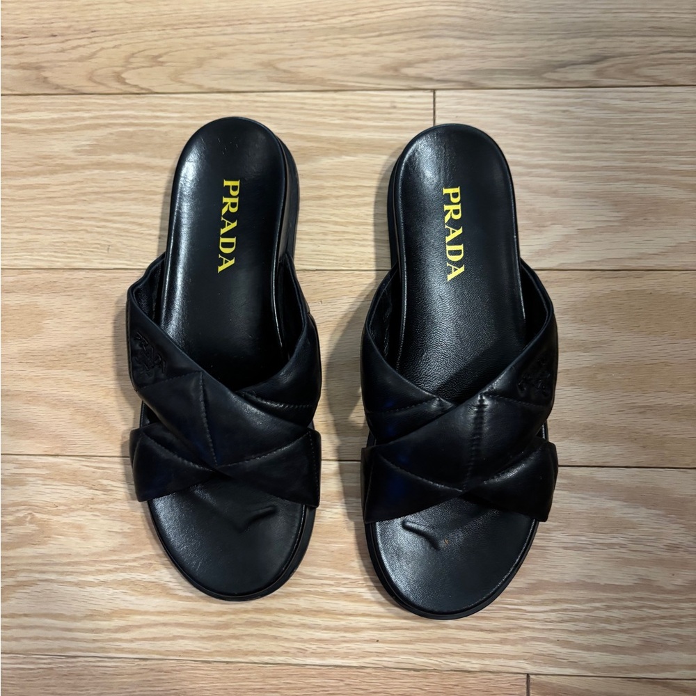 Prada Black Leather Crisscross Slide Sandals